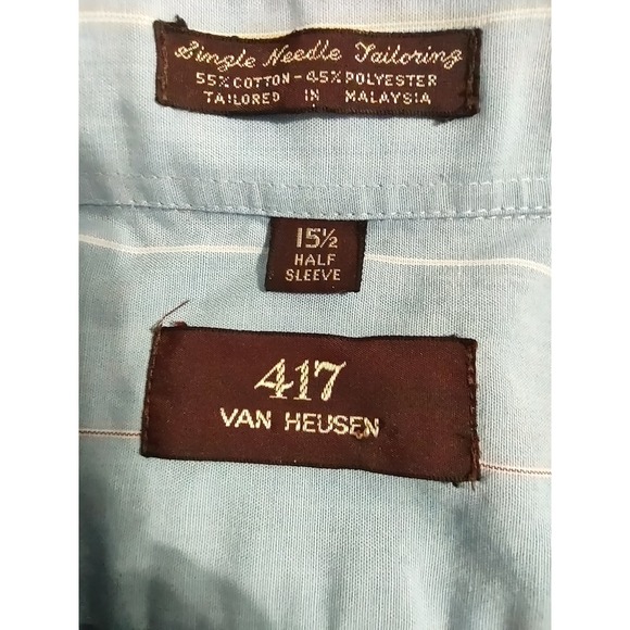 Van Heusen Button Up Shirt Men 15.5 Pinstripe Blue 417 Short Sleeve Professional - Picture 7 of 8